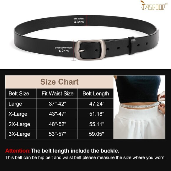 Plus Size Leather Belt Black Casual Waist Belt for Jeans Pants with Metal Pin Bu - Picture 4 of 6